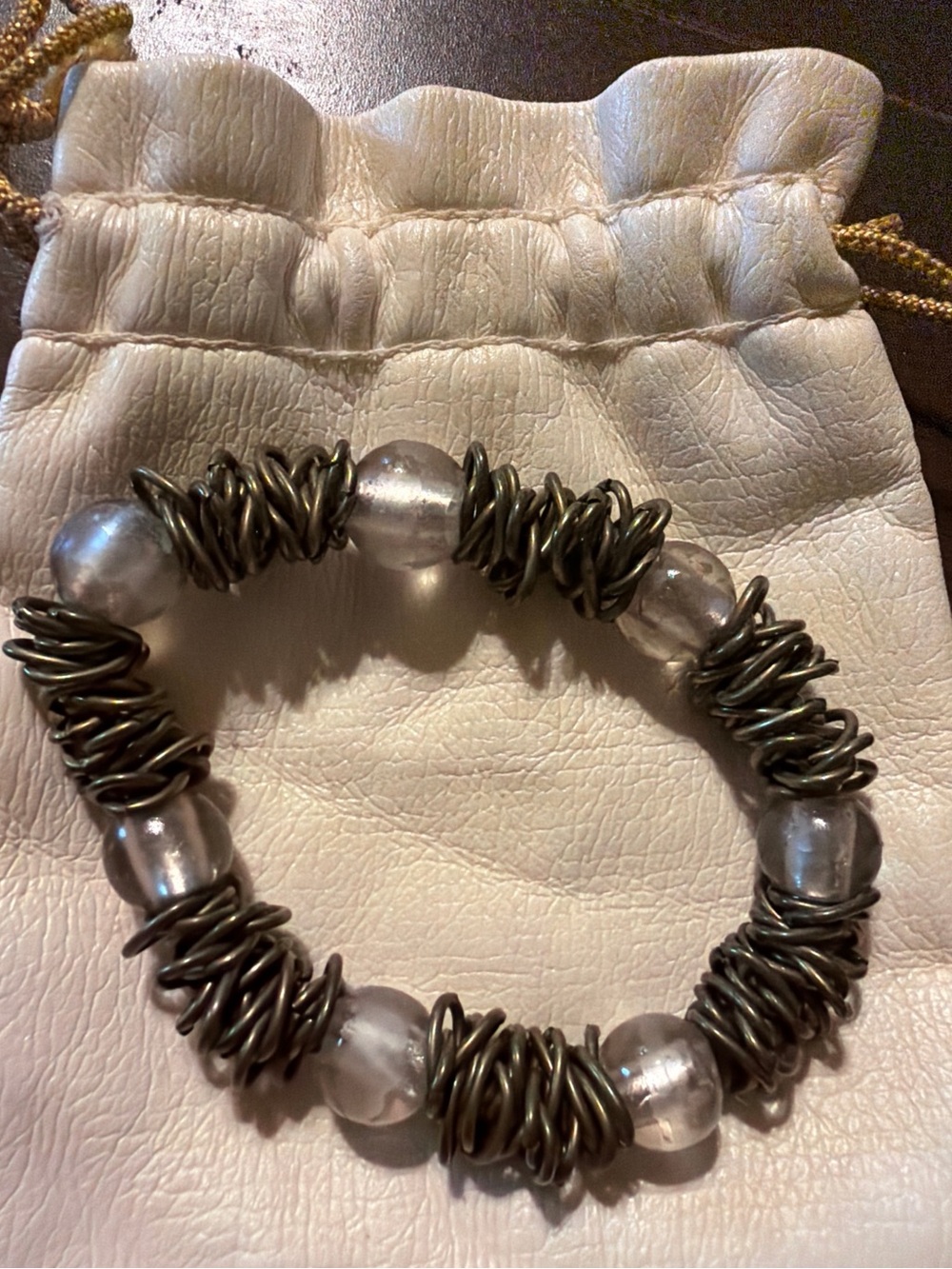 Clear Bead Stretch Bracelet Antique Brass Coiled Wire & Clear Bead Stretch Brace